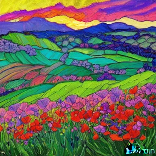 Image similar to a field of poppy flowers and lilac in front of rolling hills during sunset, art by erin hanson, oil painting, muted colors