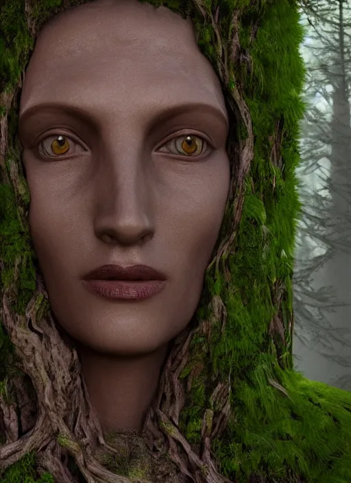 Image similar to photograph of hyperrealistic hyperdetailed ancient woman face in the shape of a tree covered with bark and moss, in a dark mysterious forest, unreal engine, octane,