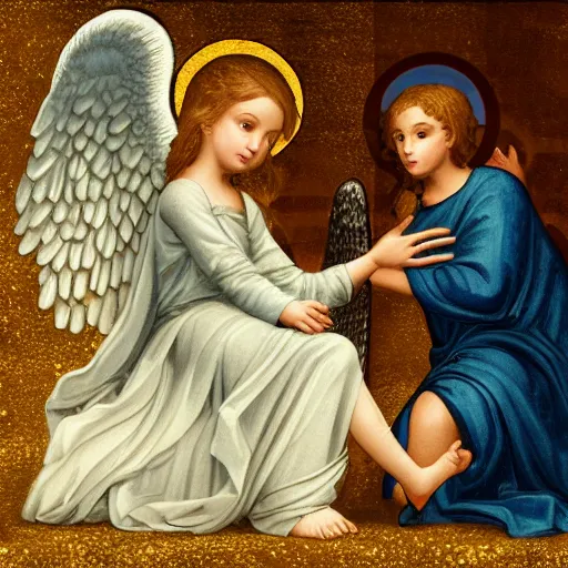 Prompt: an biblically accurate angel having a conversation with a very confused goth girl, masterpiece, old painting, 4 k scan, high attention to detail.