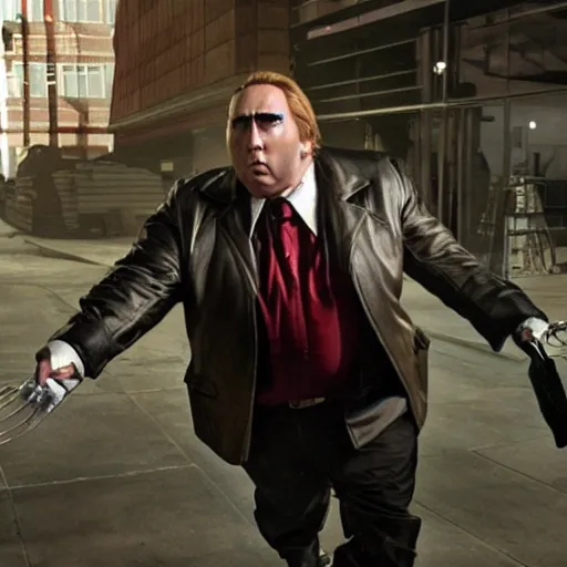 Image similar to a fat nic cage playing magneto, hd digital photography, mobie still