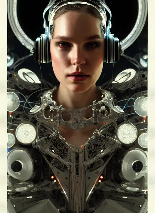 Image similar to cyborg DJ mixing on stage , diffuse lighting, fantasy, intricate, elegant, highly detailed, lifelike, photorealistic, digital painting, artstation, illustration, concept art, smooth, sharp focus, art by John Collier and Albert Aublet and Krenz Cushart and Artem Demura and Alphonse Mucha