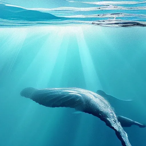 Prompt: underwater ocean, ten whales swimming up to the surface, pod, calm, realistic, peaceful, light rays, beautiful, majestic, dapple, deep ocean