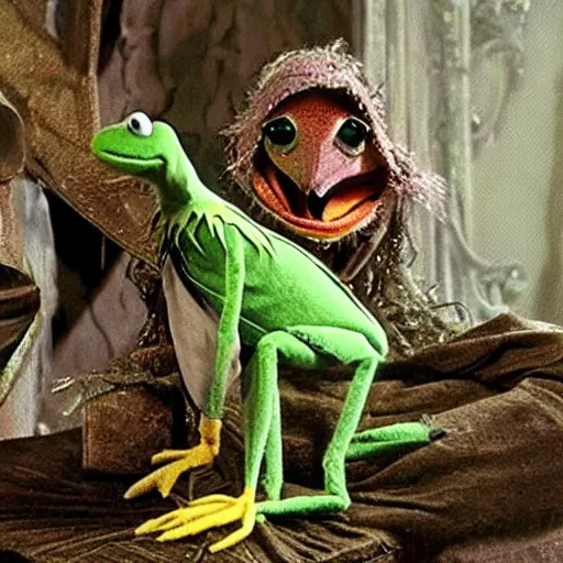 Prompt: kermit the frog as a skeksis in the dark crystal