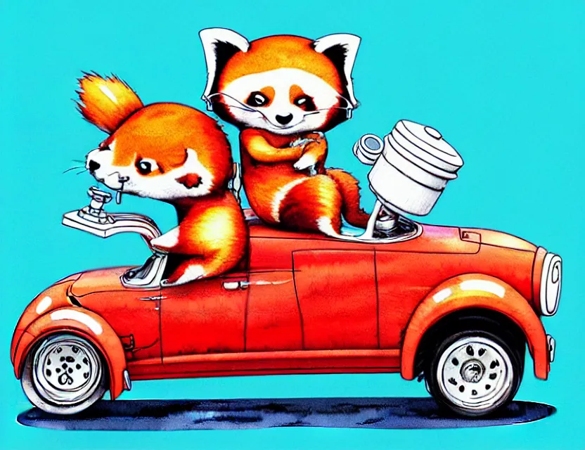 Image similar to cute and funny, red panda riding in a tiny hot rod with oversized engine, ratfink style by ed roth, centered award winning watercolor pen illustration, isometric illustration by chihiro iwasaki, edited by range murata, tiny details by artgerm and watercolor girl, symmetrically isometrically centered