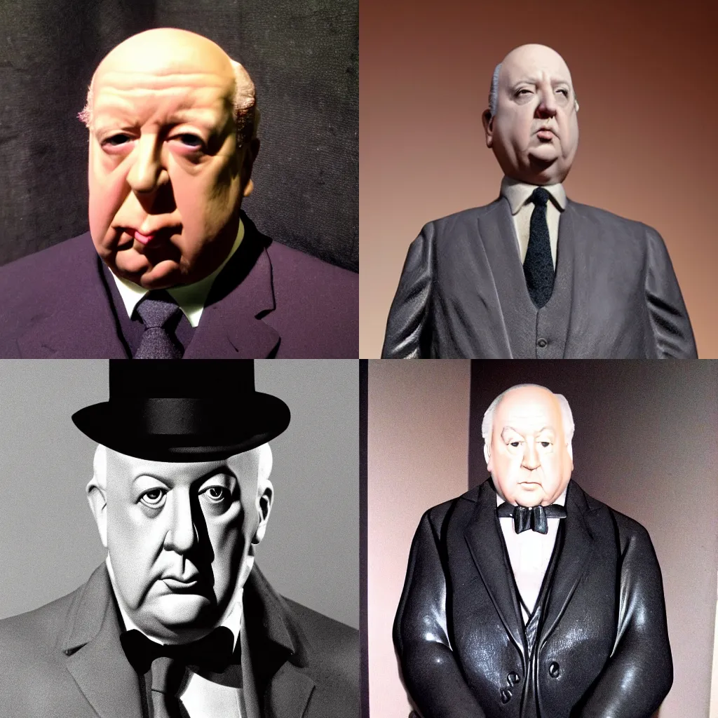 Prompt: a wax sculpture of alfred hitchcock