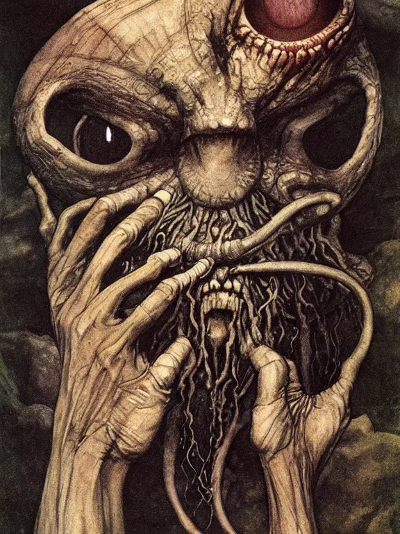 Image similar to one-eyed single-eyed Cyclops Polyphemus concept art with one huge eye. Extremely high detail, details, realistic, solo, masterpiece, colorful, art by Arthur Rackham, Muzinabu, Zdzisław Beksiński, Johann Tischbein, Dariusz Zawadzki, Eugene de Blaas