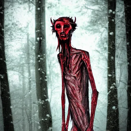 Image similar to horrifying digital art of a blood soaked skinwalker, lanky, skinny, pale skin, snow, forest, dark, horrifying