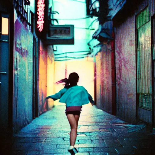 Prompt: 1990s perfect 8K HD professional cinematic photo of close-up japanese schoolgirl jumping in dystopian alleyway with neon signs, at evening during rain, at instagram, Behance, Adobe Lightroom, with instagram filters, depth of field, taken with polaroid kodak portra