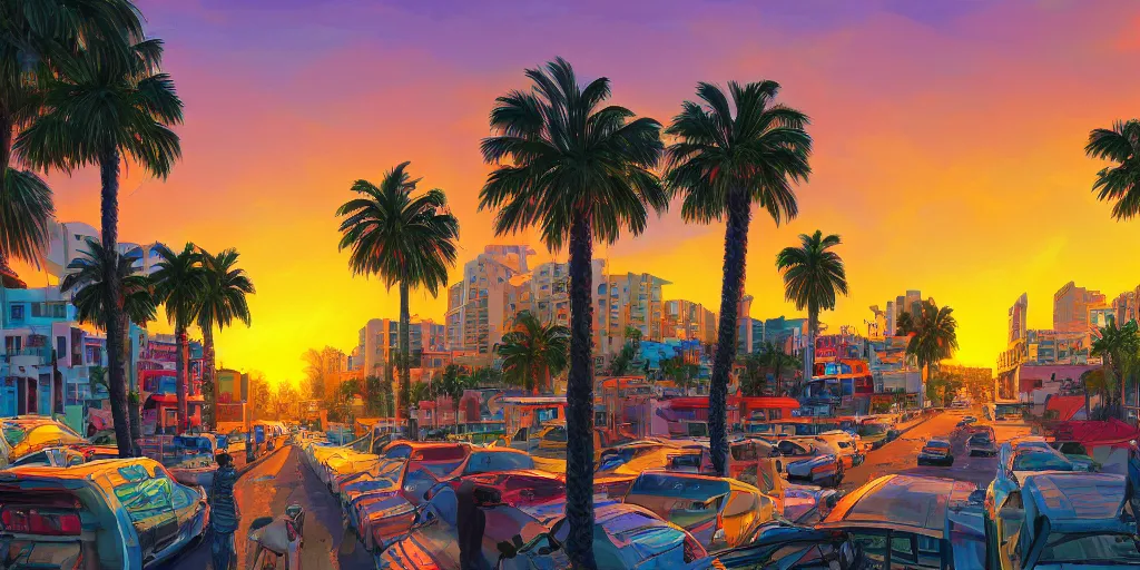 Prompt: sunset over the streets of tel aviv. colorful. highly detailed. palm trees. dogs. 8 k. artstation trending. concept art. digital painting. fluffy