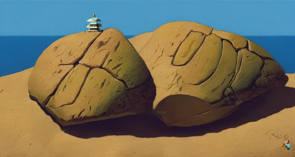 Image similar to oil painting of a tiny abalone seashell house on top of a rock, by roger dean, syd mead, cell, concept art, minimalist, cinematic color scheme