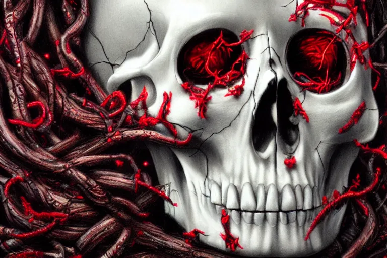 Image similar to realistic portrait beautiful detailed matte painting of cinematic movie scene a skinned skull, tentacles, black and red, thorns, vines, horror, created by gustave dore and greg rutkowski, high detailed, smooth draw, synthwave neon retro, intricate, realistic proportions, dramatic lighting, trending on artstation.