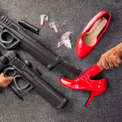 Image similar to 4 people, some guns, reality is collapsing, what the hell is this? red shoes, and some vegan food