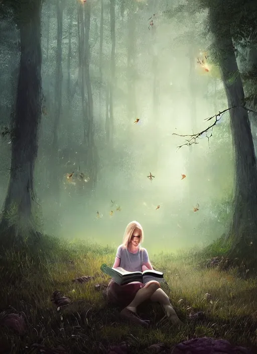 Image similar to portrait, blond girl sits in mystical misty forest, reading under a tree, fireflies, dramatic lighting, cinematic, establishing shot, extremly high detail, foto realistic, cinematic lighting, post processed, concept art, artstation, matte painting, style by eddie mendoza, raphael lacoste, alex ross