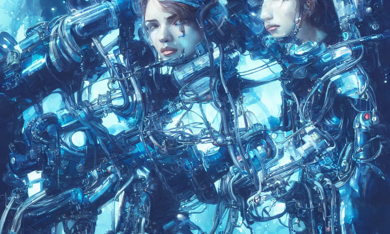 Prompt: a hyper detailed painting of a cyberpunk scuba girl, cables everywhere, blue tones, underwater, highly detailed, digital painting, artstation, concept art, smooth, sharp focus, illustration, art by artgerm and greg rutkowski and alphonse mucha