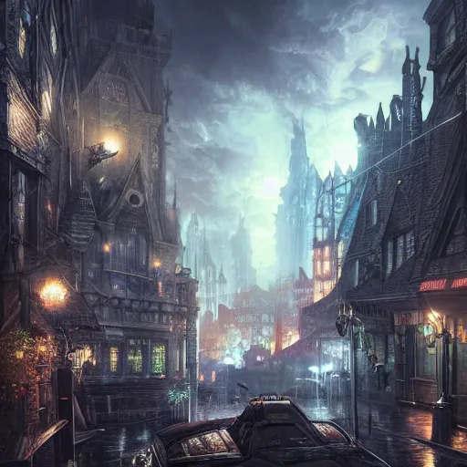 Image similar to a painting of arkham city, ultra realistic, concept art, intricate details, night, thunder, raining, eerie, highly detailed, full coloured, dark fantasy, photorealistic, octane render, 8 k, unreal engine 5. art by artgerm and greg rutkowski and alphonse mucha