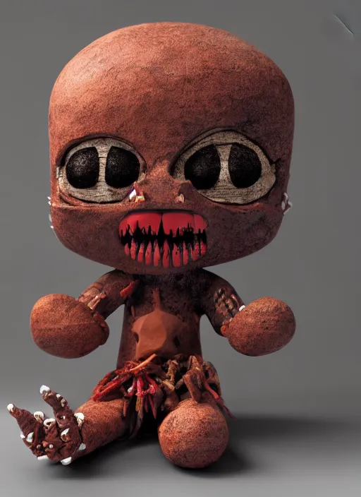 Prompt: an octane render of a voodoo doll, ritualistic, made of painted wood, leather, minimal statuette of a demon, volumetric lighting, beautiful design, hd render,