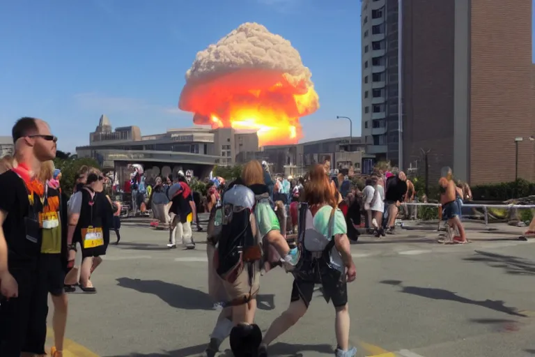 Image similar to nuclear explosion in the background of a furry convention