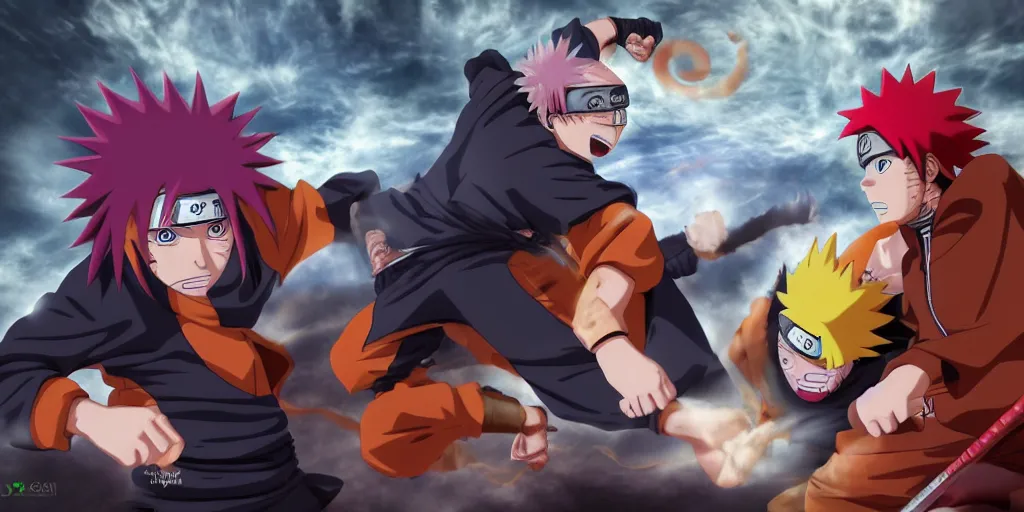 Image similar to naruto fighting madara, fantasy style, realistic, 4 k,