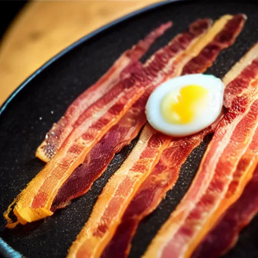 Prompt: cyberpunk bacon and eggs in pan, closeup, close angle, dramatic lighting
