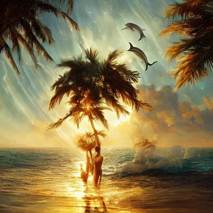 Image similar to dolphins swimming, golden hour, god rays, by artgerm and ruan jia and ismail inceoglu and greg olsen, palm trees, cosmos, milky way galaxy, masterpiece, beautiful, intricate, elegant, highly detailed