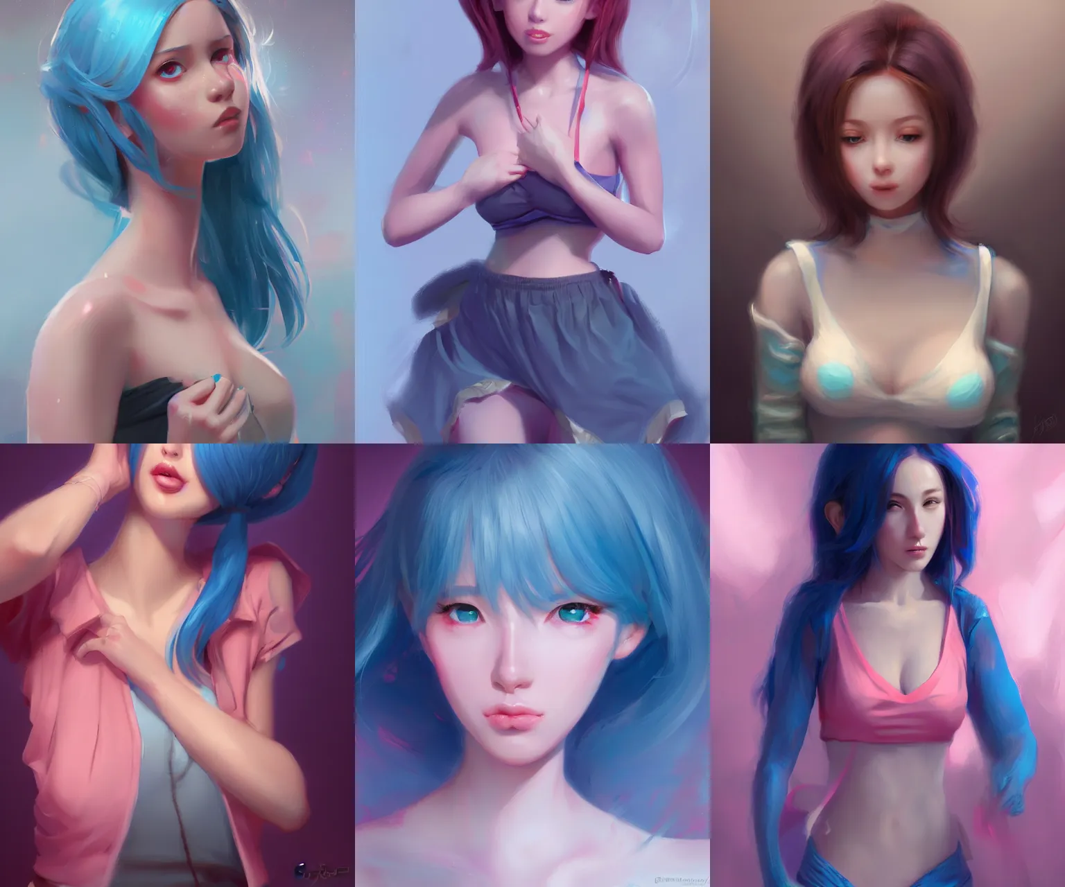 Prompt: Bella ragazza, bubblegum, visualartzi, korean, and blue image, digital painting by Karla Ortiz, James Paick, Charlie Bowater, Krenz Cushart, masterpiece, trending on artstation, cgstudio