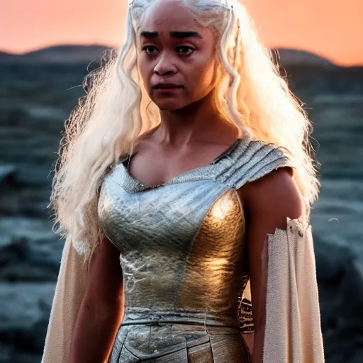 Image similar to tatyana ali as daenerys targaryen golden hour cinematic