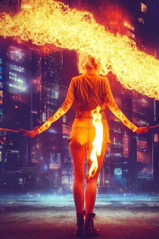 Prompt: beautiful young blonde woman from behind with flames dancing on her hands with a long jacket in a cyberpunk city, realistic, high definition, 4K, shimmering color, art of invincible