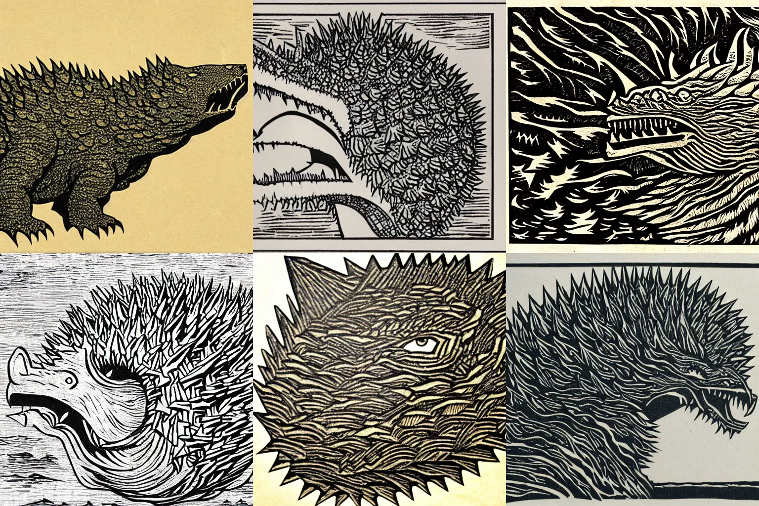 Prompt: Anguirus woodcut,