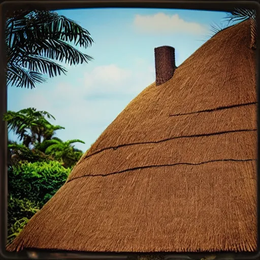 Image similar to “Octopus made of thatch, on top of a thatched cottage, tentacles made of thatch hanging down over the roof, photograph”