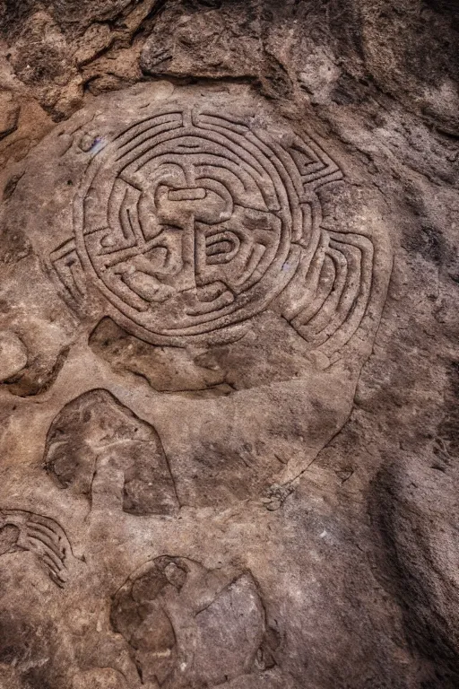 Image similar to 4 k photography of petroglyphs representing crosses, ufo, yin yang symbol on a cave