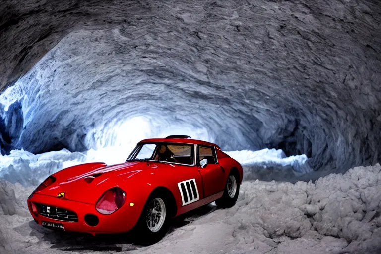 Image similar to cinematography of Ferrari 250 GTO series 2 in a glacier cave by Emmanuel Lubezki