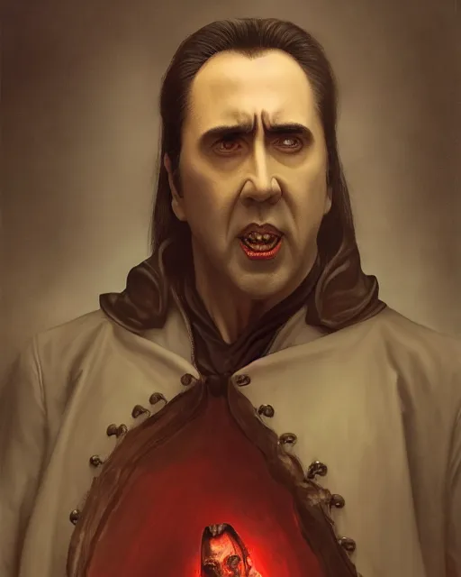 Image similar to nicolas cage as dracula, highly detailed, centered, artstation, concept art, smooth, sharp focus, illustration, bokeh art by artgerm and donato giancola and joseph christian leyendecker zdzisław beksinski