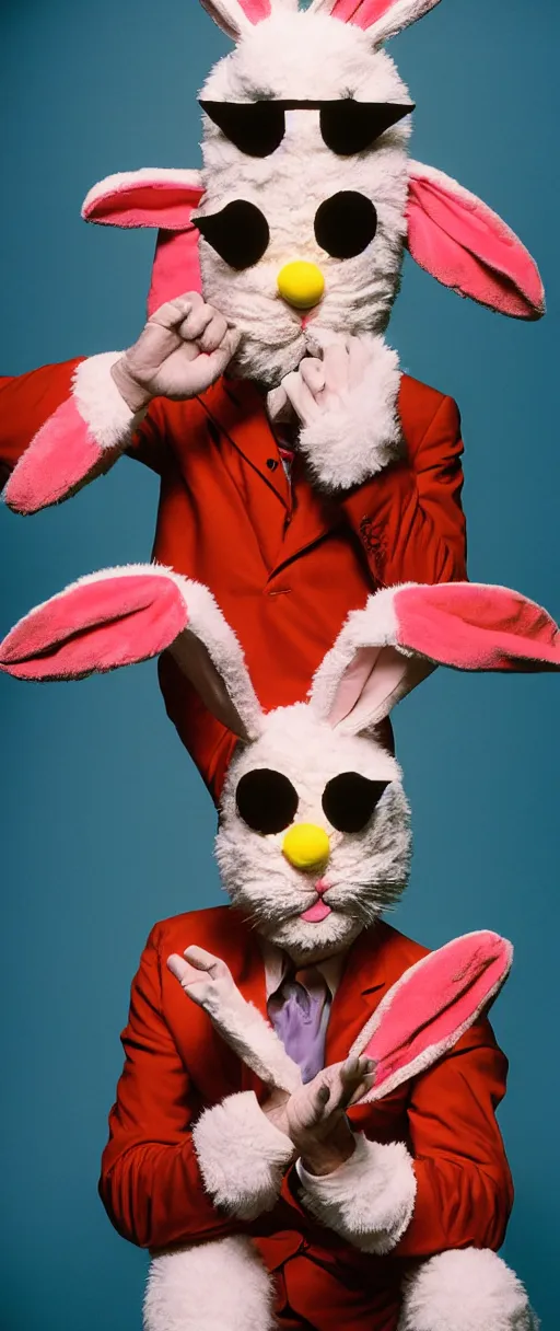 Prompt: award winning photo of larry david playing poker wearing bunny costume, vivid colors, happy, symmetrical face, beautiful eyes, studio lighting, wide shot art by Sally Mann & Arnold Newman