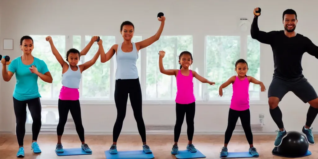 Image similar to a husband and wife exercising with four kids studying, award winning photo,