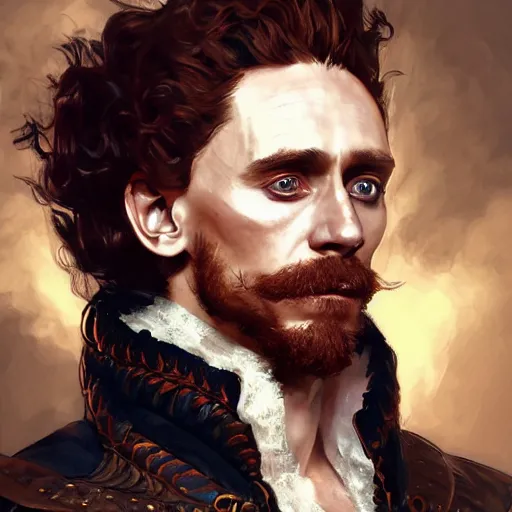 Image similar to a man wearing a doublet, tom hiddleston, painted fantasy character portrait, highly detailed, digital painting, artstation, concept art, sharp focus, illustration, art by artgerm and greg rutkowski and alphonse mucha