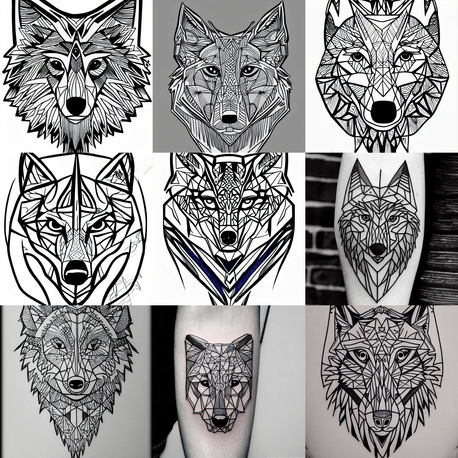 Prompt: wolf cub tattoo geometric line art