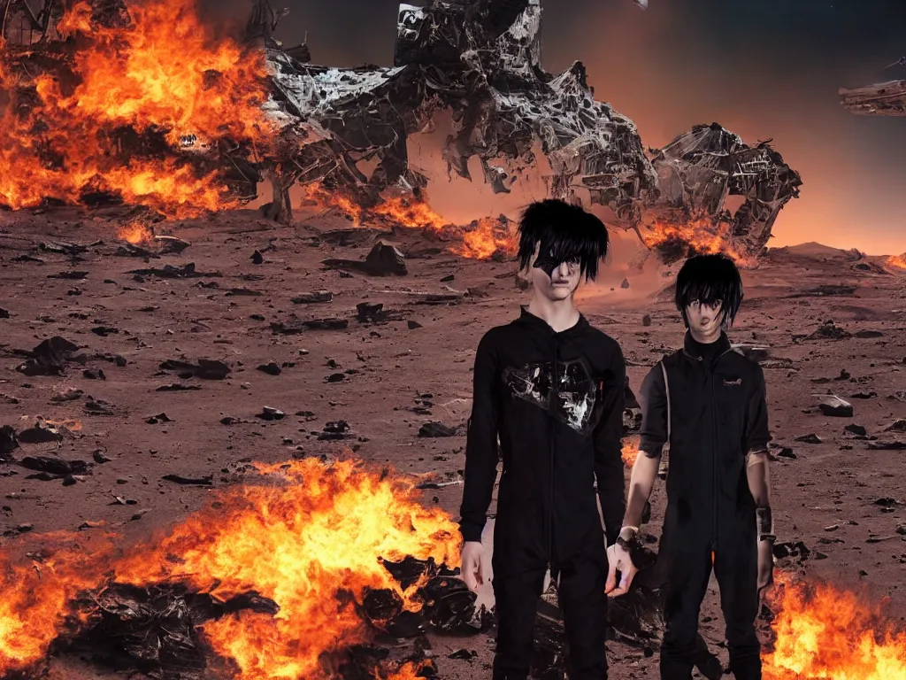 Image similar to portrait of a depressed teenager with emo haircut wearing gothy purple and black spandex suit, standing next to smashed burning spacecraft wreckage, on the orange surface of mars, highly detailed, dramatic lighting, photorealistic, cinematic