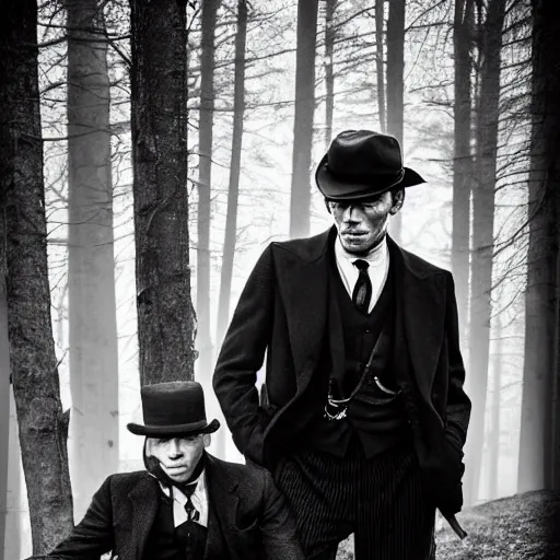 Prompt: medium long shot, 3 / 4 shot, full body, of clint eastwood and tom hardy posing, sharp eyes, serious expressions, in the style of peaky blinders, detailed, black and white, sharp, dreamy, misty woods, epic photo by talented photographer diane arbus