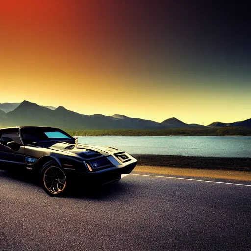 Image similar to black pontiac firebird trans - am driving towards the camera, mountain, valley, breathtaking mountains, lake, dynamic, sunrise, cinematic, motionblur, sunbeams, volumetric lighting, wide shot, low angle, artstation