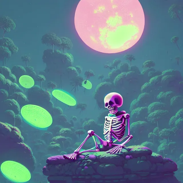 Image similar to a skeleton astronaut sitting on rock, surrounded by bio - luminescent, glowing peaceful serene sentient solarpunk, jungle. in the style of katamari damacy, scattered glowing pink fireflies, soft vaporwave liminal aesthetic. 3 d blender by tomer hanuka, greg rutkowski, beeple, sharp focus, digital painting, concept art