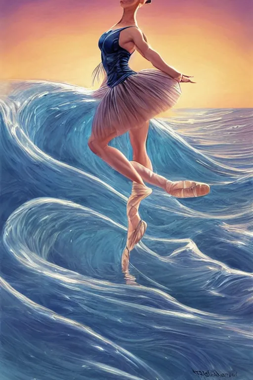 Image similar to a ballet dancing Sofía Vergara as a heroine with a dress inspired by the great wave off kanagawa on the beach at sunrise, digital painting, artstation, concept art, smooth, sharp focus, illustration, in-frame, centered, art by artgerm and donato giancola and Joseph Christian Leyendecker, Ross Tran, WLOP