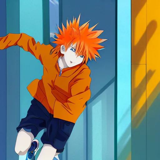 Image similar to orange - haired anime boy, 1 7 - year - old anime boy with wild spiky hair, wearing blue jacket, running past colorful building, red - yellow - blue colored building, turquoise aquamarine windows, strong lighting, strong shadows, vivid hues, ultra - realistic, sharp details, subsurface scattering, intricate details, hd anime, 2 0 1 9 anime