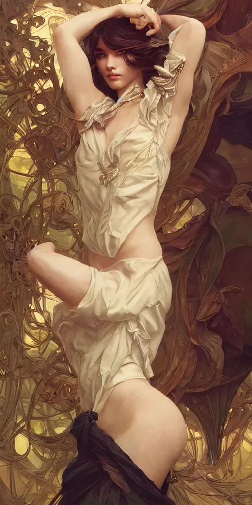 Image similar to high fashion photography, vogue, shooting, intricate, highly detailed, action pose, digital painting, artstation, concept art, smooth, sharp focus, illustration, Unreal Engine 5, 8K, art by artgerm and greg rutkowski and alphonse mucha