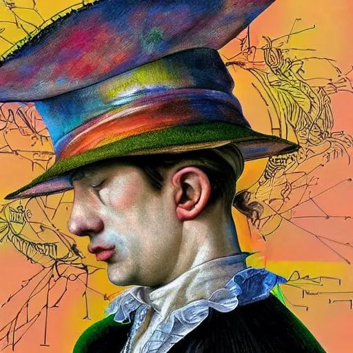 Prompt: detailed maximalist half-lenght portrait of a crying man with an laborate interesting hat. 8x HD mixed media 3D collage in the style of Caravaggio, hyperdetailed childbook illustration in vibrant pastel tones. colourful matte background no frame