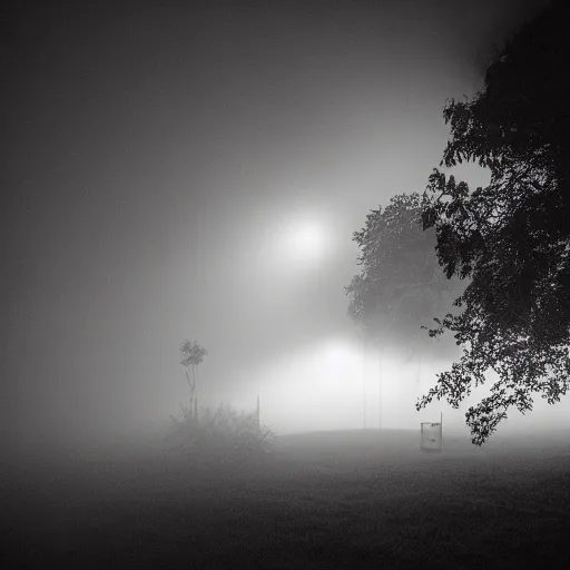 Image similar to poor neighborhood, overgrown, photo taken from a porch, fog rolling along the ground, ethereal, police lights shining off camera