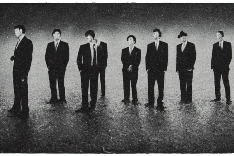 Image similar to 8 mm film still, grainy, liminal, unsettling, group of tall men in suits in a field at night, rain, flash on, dark midnight