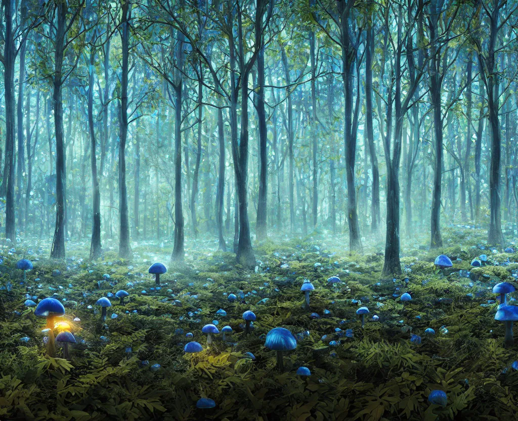 Image similar to blue forest, glowing mushrooms, macro lens, raytracing, hyperreal, digital art, highly detailed, artstation