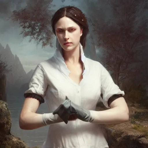 Prompt: a woman wearing a whiteblouse with a lether vest and some gloves, Matte painting , detailed painting, greg rutkowski