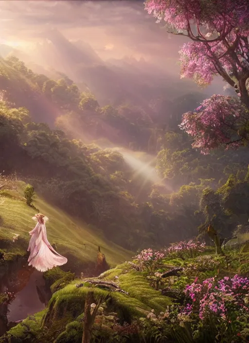 Image similar to an elegant fairy with wings of lace looking at a lord of the rings scenery landscape, vast lush valley flowers and wood structures, stream, sunrise, god's rays highly detailed, vivid color, cinematic lighting, perfect composition, 8 k, gustave dore, derek zabrocki, greg rutkowski, belsinski, octane render