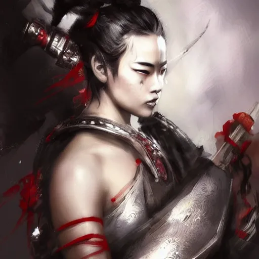 Image similar to beatiful female samurai in the style of Raymond Swanland